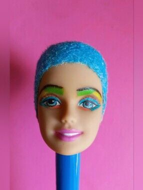 Custom Barbie doll Head blue pixie hair